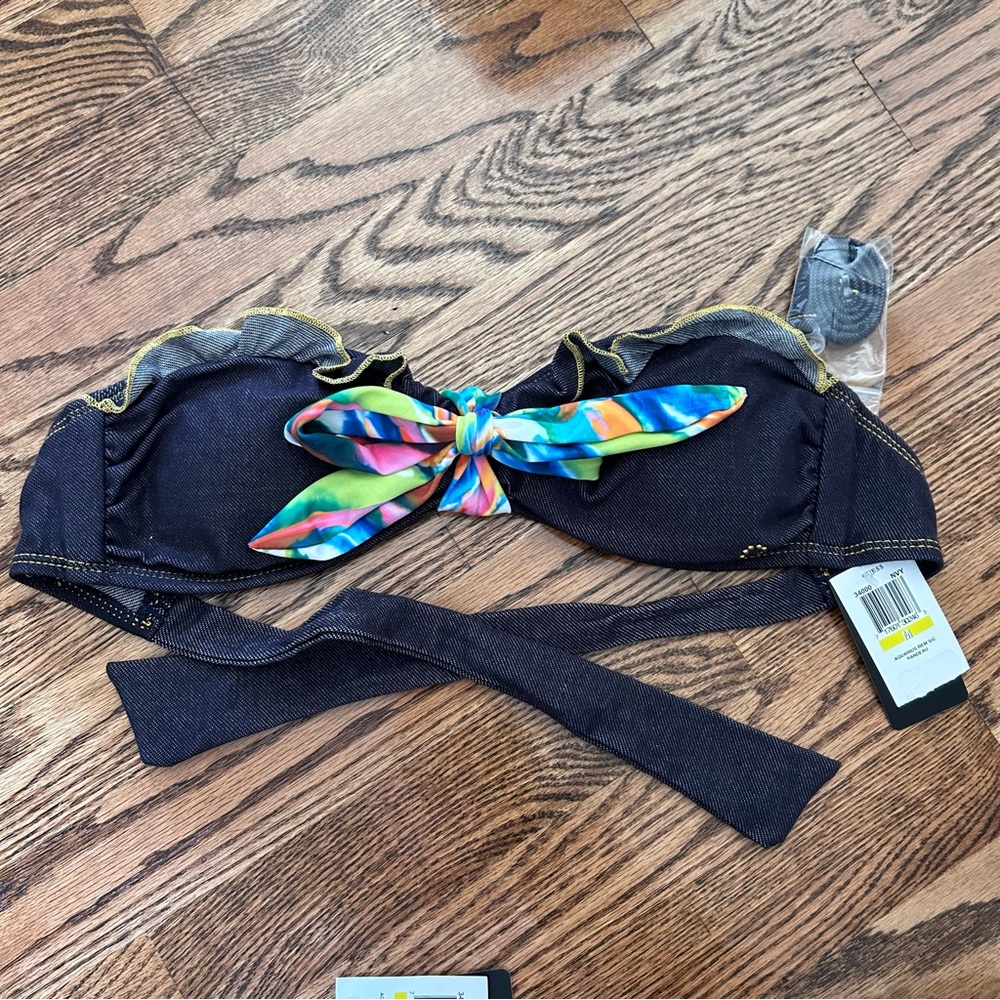 Guess NWT medium bandeau bikini denim print floral tie removable halter $94 - Picture 5 of 15